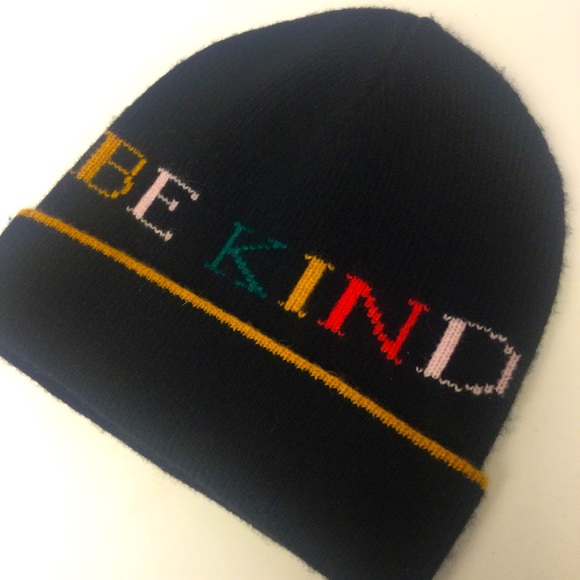 BE KIND Cashmere Nordstrom Beanie Black with Gold Edge, Rainbow Letters OS NWOT - Picture 5 of 6